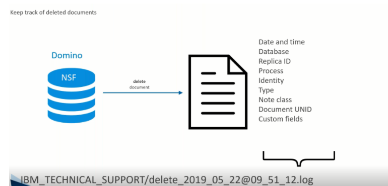 Diagram showing data flow from a blue "Domino NSF" database to a document icon. Text details document attributes. Title: IBM technical log.