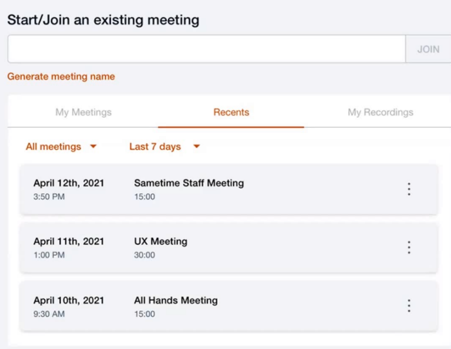 Meeting interface showing past meetings: Sametime Staff, UX, and All Hands, dated April 10-12, 2021. Options for joining meetings.