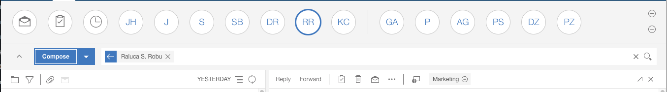Email interface showing compose button and contact initials in circles; message from "Raluca S. Robu" selected; marketing tab open.