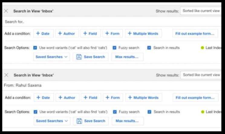Two search interface windows with filters like Date, Author, and more. Text includes "Search in View 'Inbox'" and "From: Rahul Saxena."