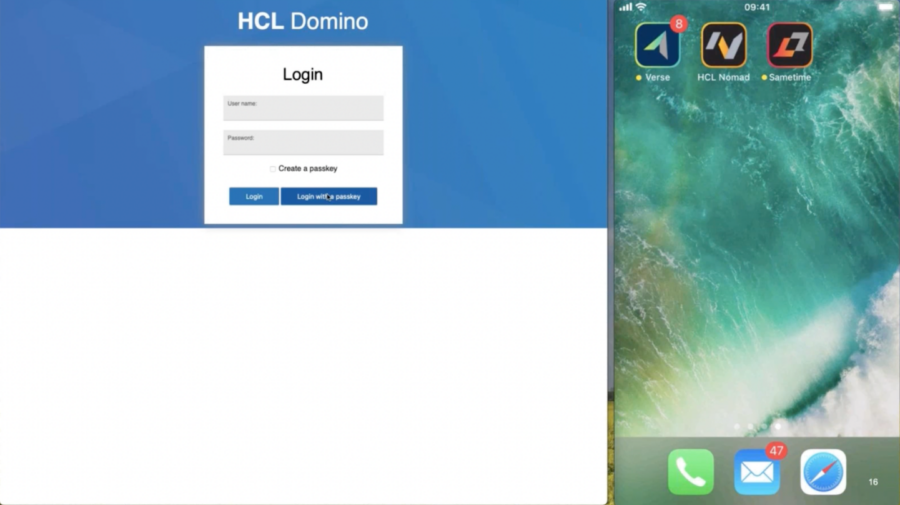 HCL Domino login screen on left; smartphone home screen with app icons on right, including email with 47 unread messages. Blue/green theme.