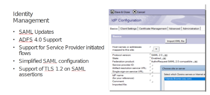 Text on identity management lists SAML updates, ADFS 4.0 support, and more. IdP configuration interface with options and dropdown visible.