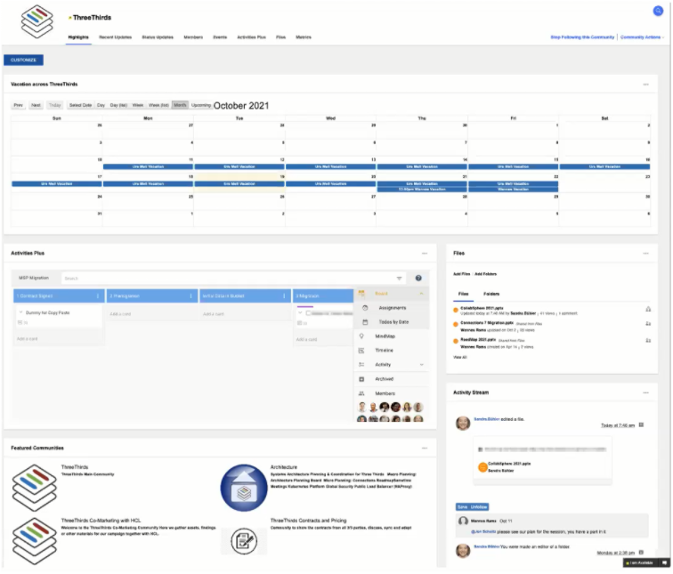 Dashboard with a calendar for October 2021 showing vacation days, task cards, file updates, and community logos in a clean, organized layout.