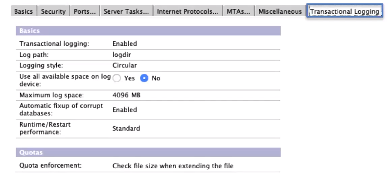 Settings interface showing Transactional Logging options. Logging is enabled, log path is "logdir", with a circular style. Max log space is 4096 MB.