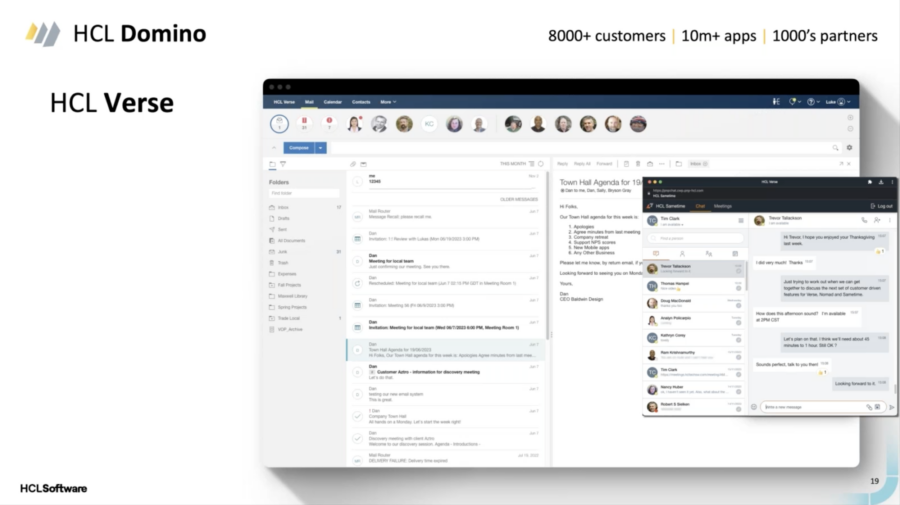 HCL Domino and Verse interface on a computer screen, showing an email and chat. Text highlights 8000+ customers, 10m+ apps, 1000’s partners.