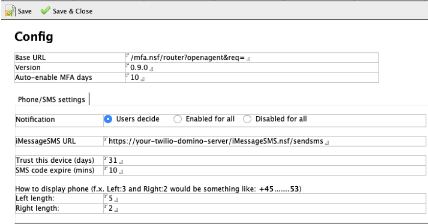 Configuration menu screenshot with settings for SMS notifications, URLs, device trust, and code expiry. Options marked with radio buttons.
