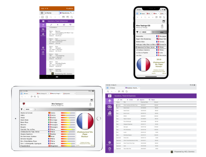 Mobile and tablet screens display travel and wine tasting apps with purple-themed interfaces, text lists, flags, and color charts.