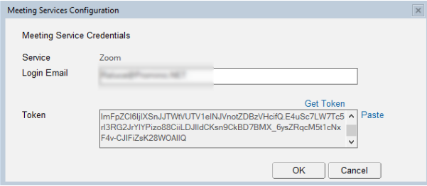 Meeting Services Configuration window for Zoom. Fields: Login Email (blurred), Token. Buttons: Get Token, OK, Cancel. Neutral tone.