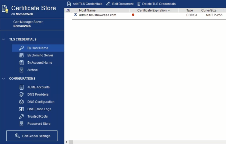 Certificate store interface with blue menu on left, showing TLS credentials for admin.hcl-showcase.com. Buttons for adding/editing.