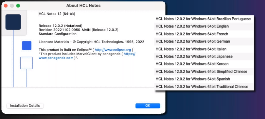 About screen for HCL Notes 12.0.2 on Mac, displaying version details and a list of languages. Background gradient from blue to purple.