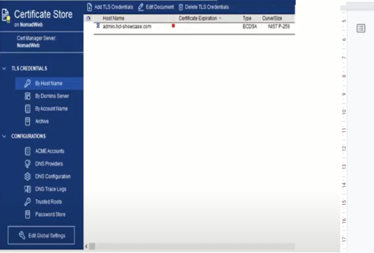 Certificate management interface with a list showing a hostname. Menu on left for TLS credentials and configurations. Blue and white theme.