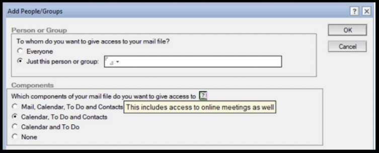 Email settings window with options to grant mail access. Choices include Everyone, specific person, and access levels like Mail, Calendar.