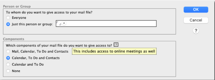 Email access settings dialog with radio buttons for access level and components. A note says it includes access to online meetings.
