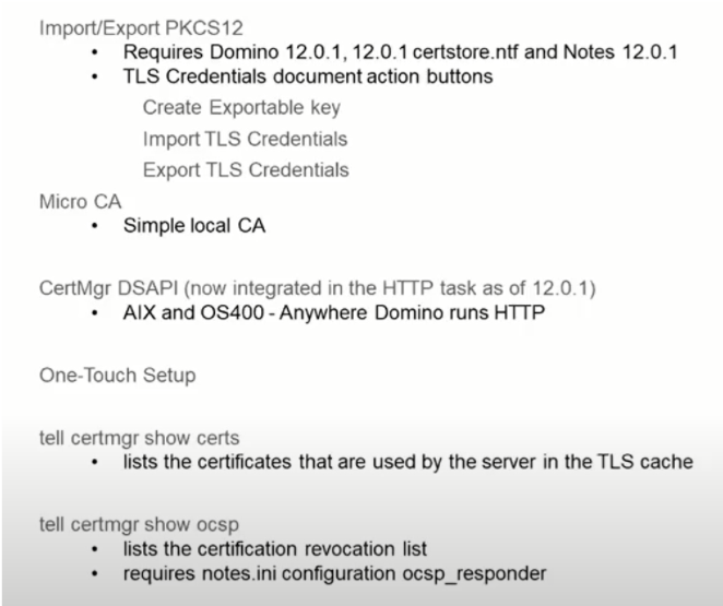 Text document showing instructions for Import/Export PKCS12, Micro CA, CertMgr DSAPI, and One-Touch Setup, with command details.