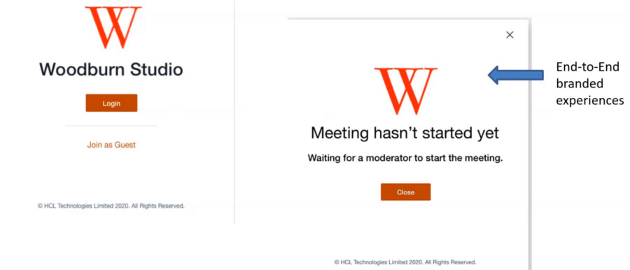 Login screen for Woodburn Studio with "W" logo. Options: "Login" or "Join as Guest." Message: "Meeting hasn’t started yet."