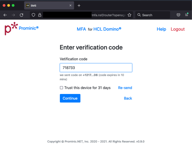 Webpage for HCL Domino MFA showing a code entry field, code "718733," trust device option, and buttons for "Continue," "Re-send," and "Back."