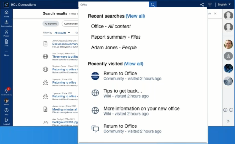 Search interface showing recent searches and visits. Lists include "Office," "Report summary," and "Adam Jones." Blue and white design.