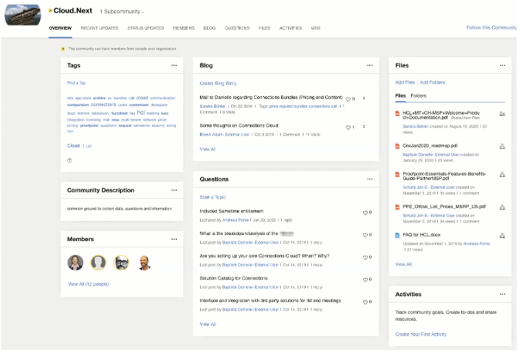 Cloud.Next community webpage showing tags, blogs, questions, files, and activities. Various user interactions and document links visible.