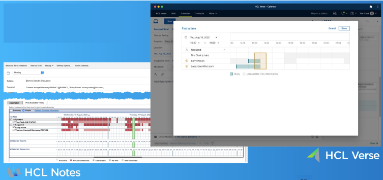 Calendar and email interfaces of HCL Notes and HCL Verse on a blue background, displaying scheduling details and user interactions.