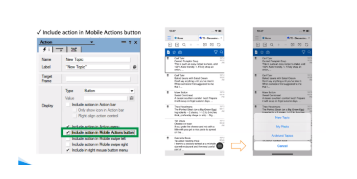 Form settings showing "Include action in Mobile Actions button" checked. Two mobile screens display menus with a "New Topic" option.
