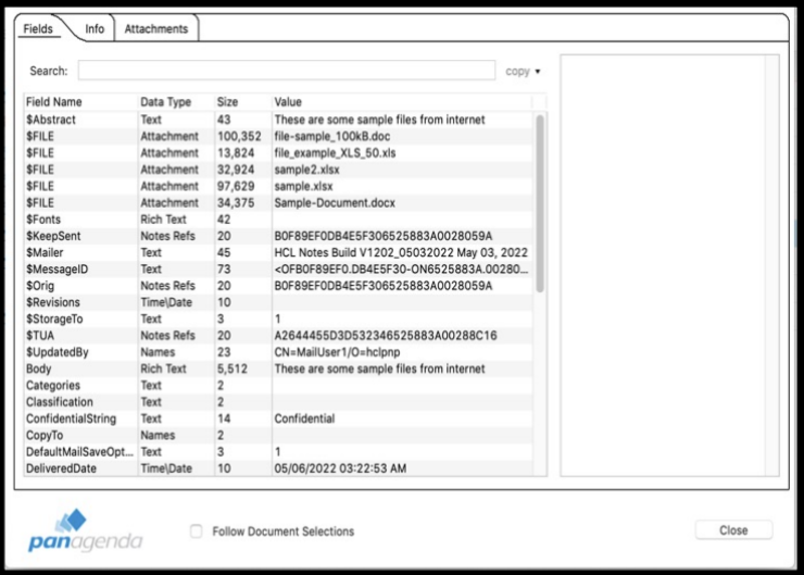 Document properties window showing fields like file names, sizes, and metadata on a white background. Includes a "Close" button and "panagenda" logo.