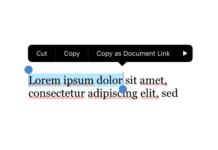 Text selection menu on a white background. "Lorem ipsum" text highlighted in blue with options: Cut, Copy, and Copy as Document Link.