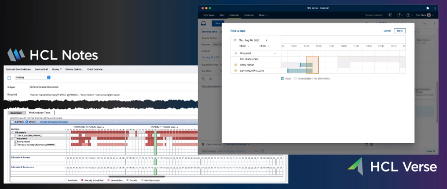 Email calendar interface with scheduling details, featuring HCL Notes and HCL Verse logos. Background has blue and purple gradient.