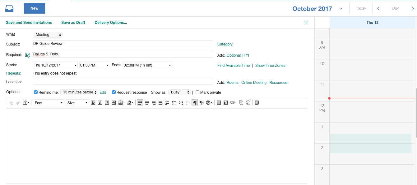 Calendar invitation setup for a meeting titled "DR Guide Review" on October 12, 2017, from 1:30 PM to 2:30 PM, with options to edit.
