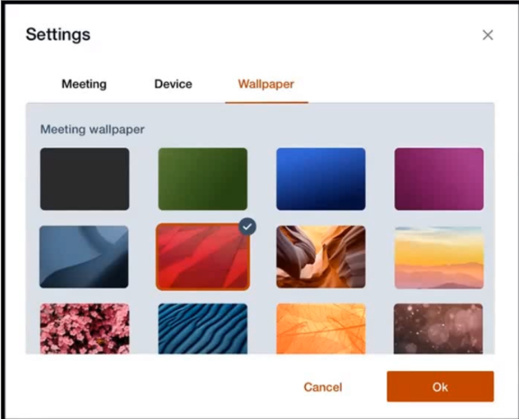 Settings menu displaying a "Wallpaper" tab with various images. A red abstract wallpaper is selected. "Cancel" and "Ok" buttons below.