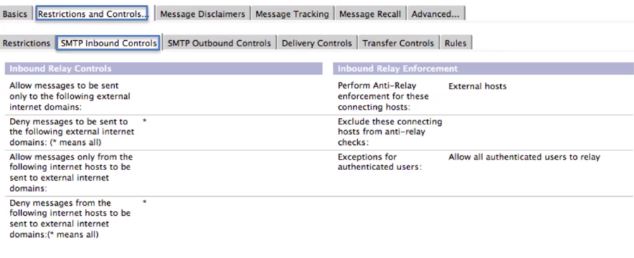 Email server settings screenshot displaying tabs like Restrictions and SMTP Inbound Controls. Details include relay controls and enforcement rules.