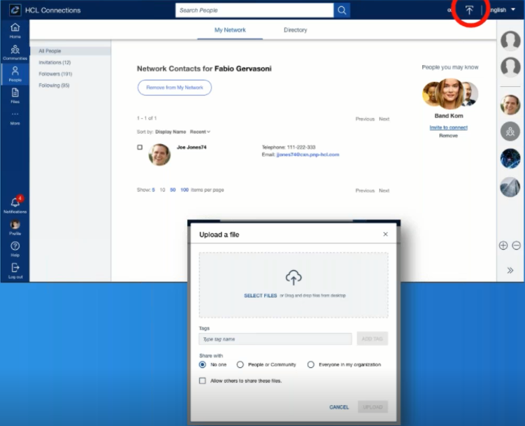 A computer screen shows a contact list on HCL Connections. A file upload window is open. Blue and white interface with profile photos.