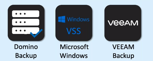 Three black icons with white text: Domino Backup, Microsoft Windows VSS, and VEEAM Backup against a light blue background.
