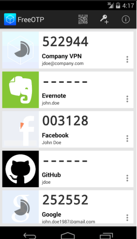 FreeOTP app interface showing one-time passcodes for Company VPN, Evernote, Facebook, GitHub, and Google on a smartphone screen.