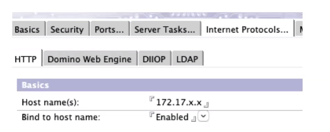 Server settings interface showing options like HTTP and LDAP. Host name is set to 172.17.x.x, and bind to host name is Enabled.