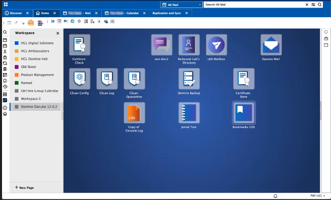 Desktop interface displaying various app icons like CertStore and Domino Mail on a blue background. Sidebar lists workspace options.