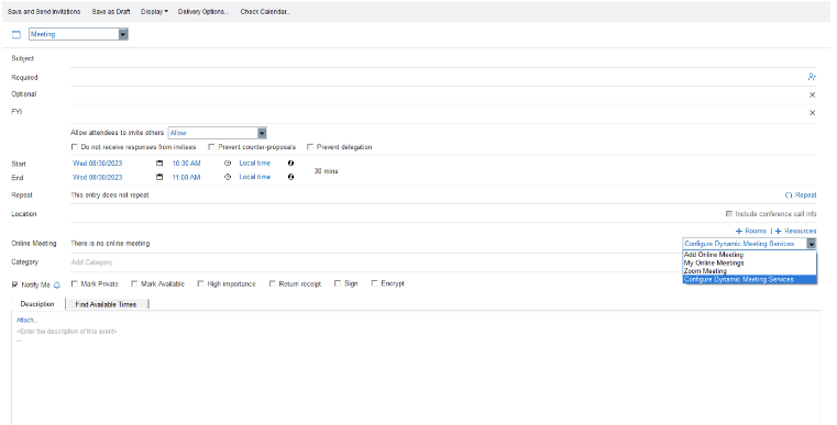 Email invitation screenshot showing meeting details like start and end time, location, and options for online meeting setup.