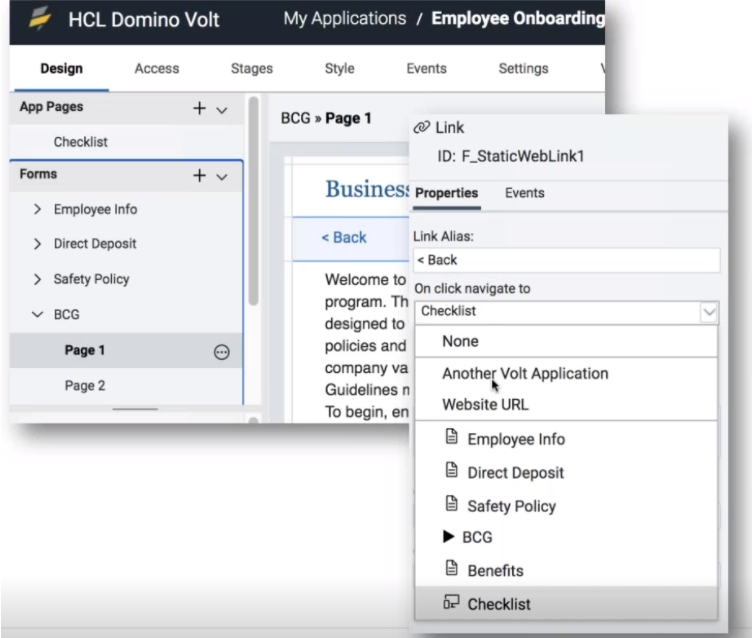 HCL Domino Volt app interface showing a checklist, forms, and link properties. Options include Employee Info and Direct Deposit.