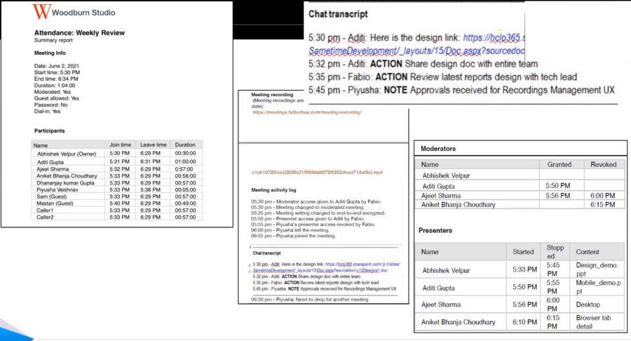 Meeting summary document showing attendance, chat transcripts, and moderator details. Text includes times and actions with a structured layout.
