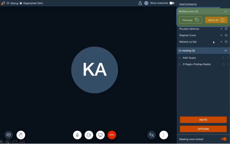 Video call interface showing initials "KA" on screen. Right panel lists participants. Buttons for messaging and joining are visible.
