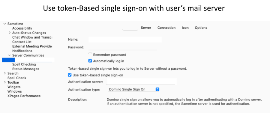 Settings window shows options for token-based single sign-on with a user's mail server, including fields for name and server authentication.