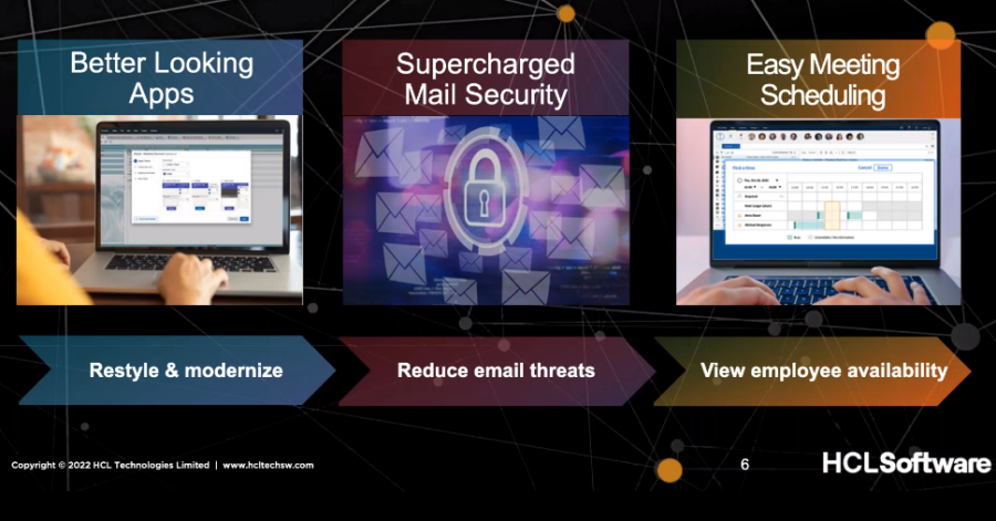 Three panels show: app interface, mail security icon, and meeting schedule. Text: Better Looking Apps, Supercharged Mail Security, Easy Meeting Scheduling.