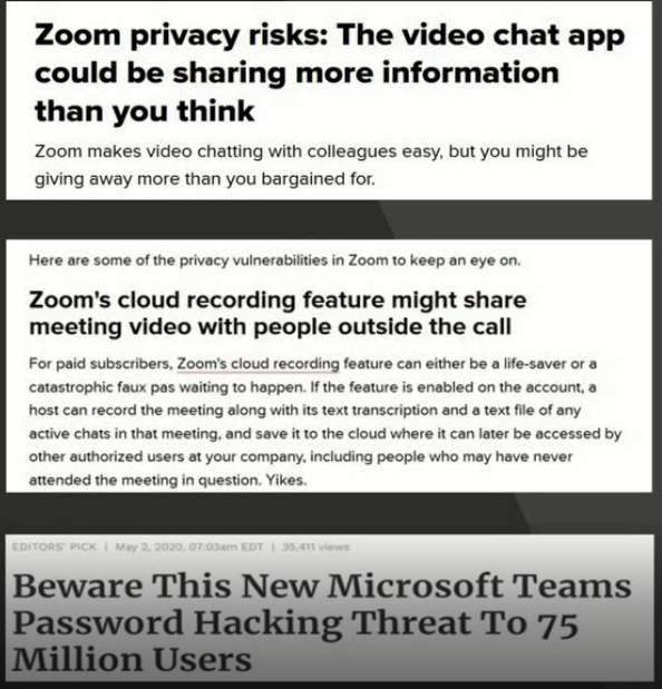 Text image about privacy risks of Zoom and Microsoft Teams, highlighting issues with Zoom's cloud recording and a password threat in Teams.