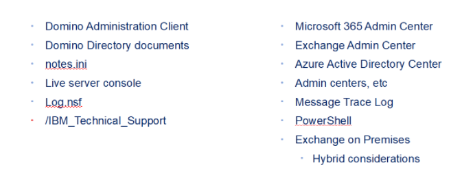 Two lists show IT admin tools. Left: Domino tools like notes.ini. Right: Microsoft tools like PowerShell. Text in blue and red.