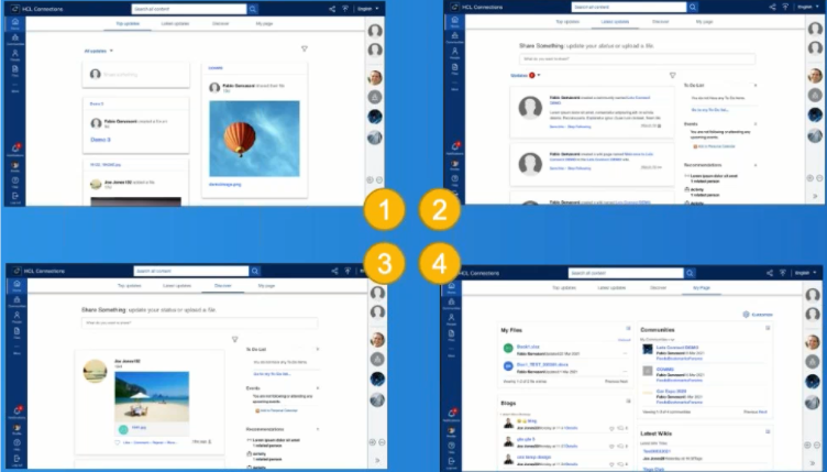 Four screenshots of a social media platform interface in a blue-themed layout, displaying posts and user interactions. Numbered 1-4 in yellow.