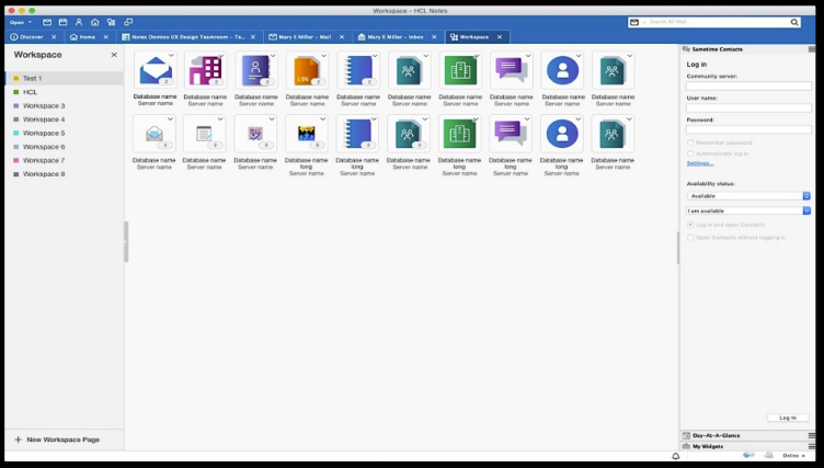 Workspace screen of HCL Notes displaying various database icons with labels. Sidebar on left, login section on right; blue and white theme.