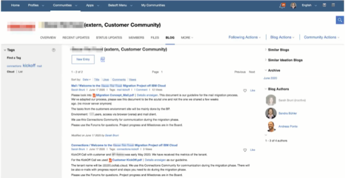 Website interface showing a customer community blog. Includes navigation tabs, post entries, and sidebar with authors. Mainly white and blue tones.