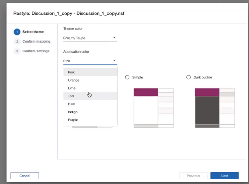 A software interface showing theme and application color selections with options like Pink, Teal. Two layout previews labeled Simple and Dark outline.