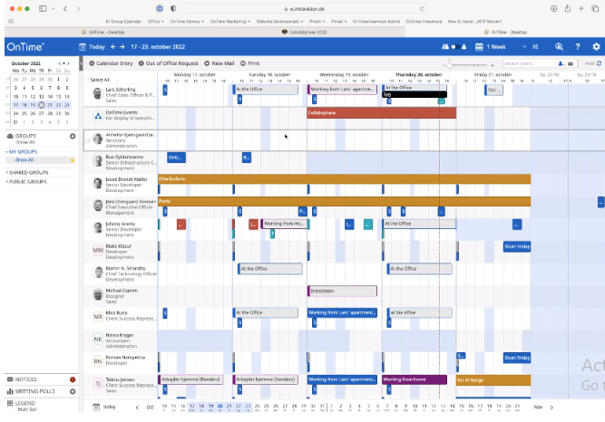 A digital calendar with colored time blocks shows meetings and out-of-office statuses for multiple users on the week of October 17-23, 2022.