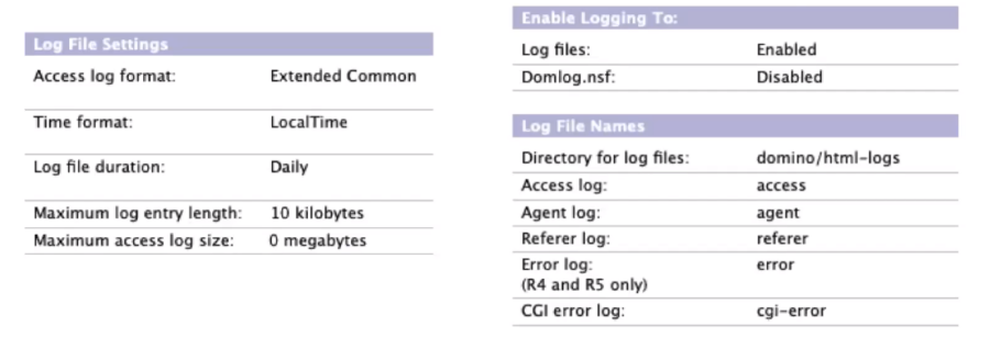 Image of log file settings and logging details, featuring purple headers with options like access log format, time format, and log file names.
