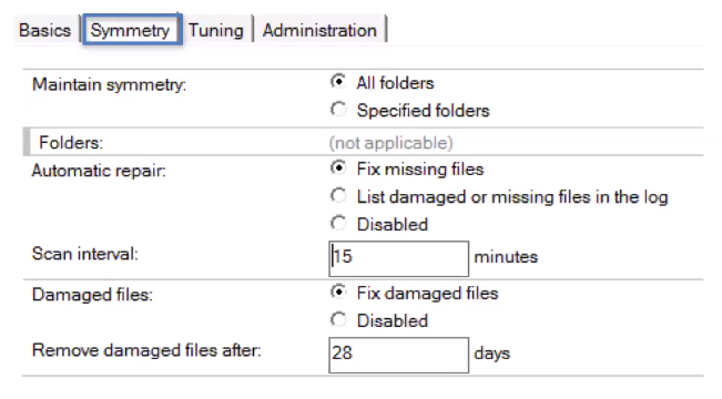 Symmetry tab showing options to maintain symmetry, fix files, scan every 15 minutes, and remove damaged files after 28 days.
